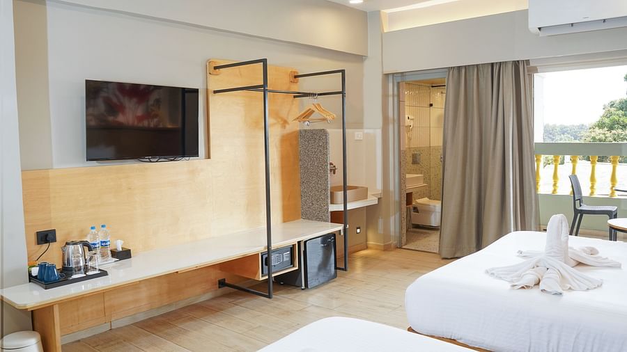 View from the beds of the television in Urban Corner Room at Indie Stays Resort, Goa. 
